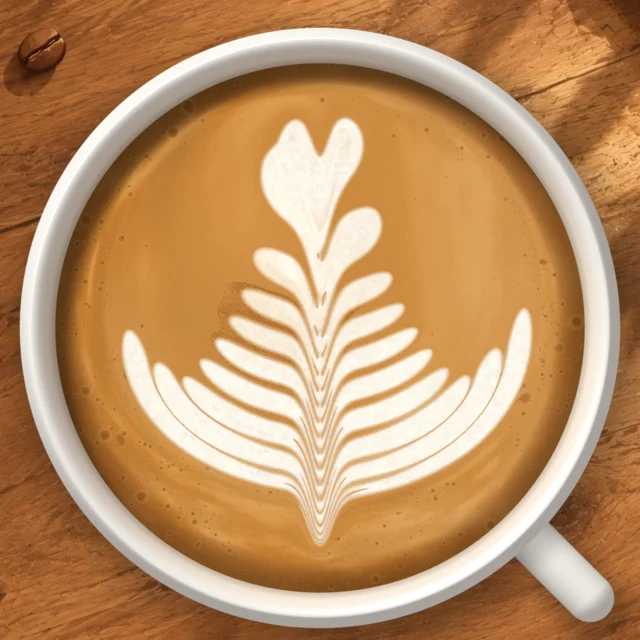 A rosetta in a coffee latte on a wooden table.