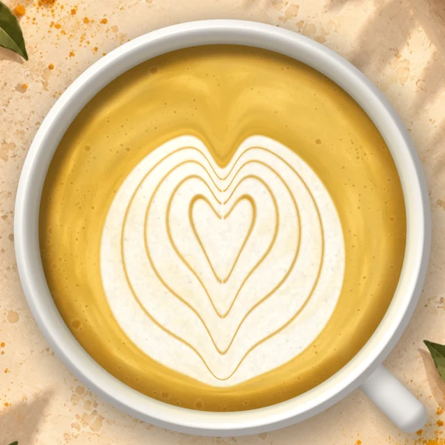 An onion heart of close rings in a yellow turmeric latte on a pale stone table dusted with turmeric.