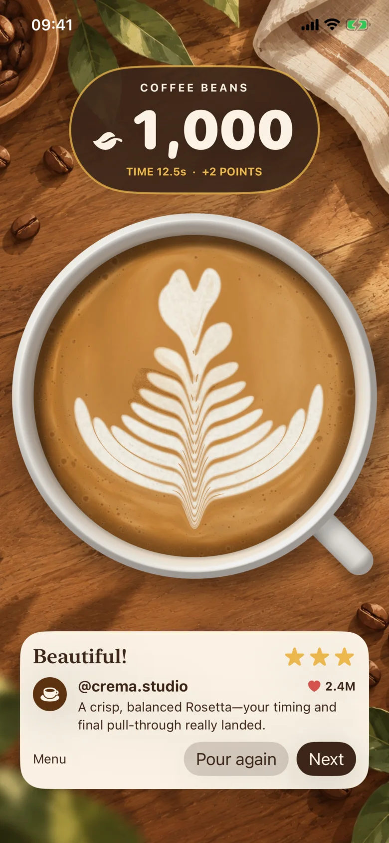 The game's result screen: a rosetta poured in a white cup on a wooden table, scored 1,000 with three stars and a comment from the reviewer.